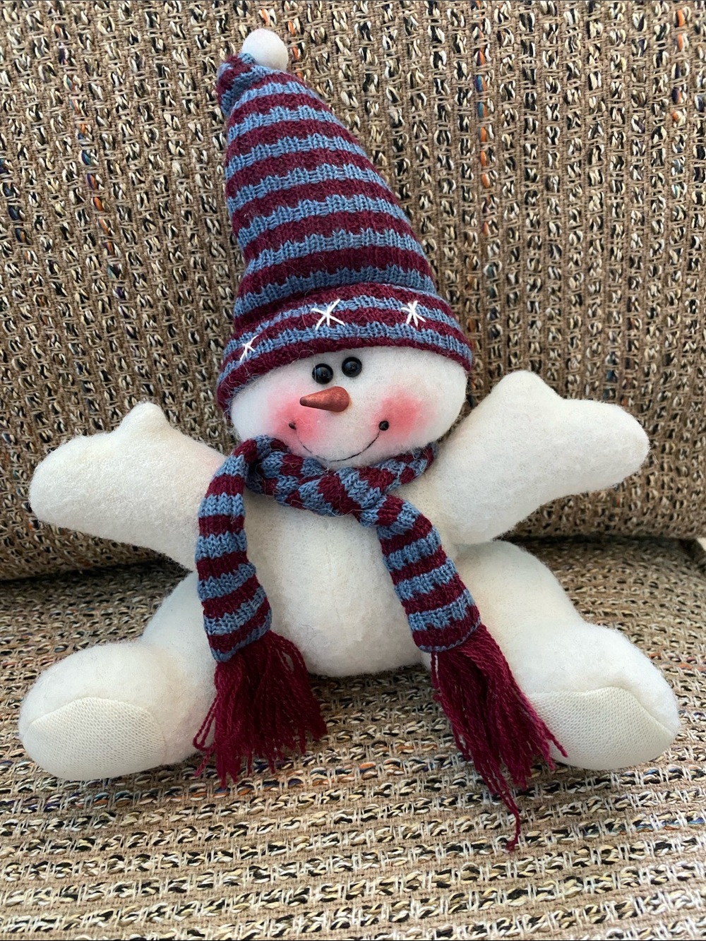 Festive Plush Snowman with Burgundy & Light Blue Hat and Scarf